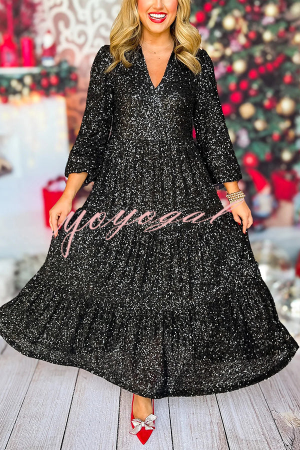 Christmas Elegant Sequin Long Sleeve V Neck Midi Dress