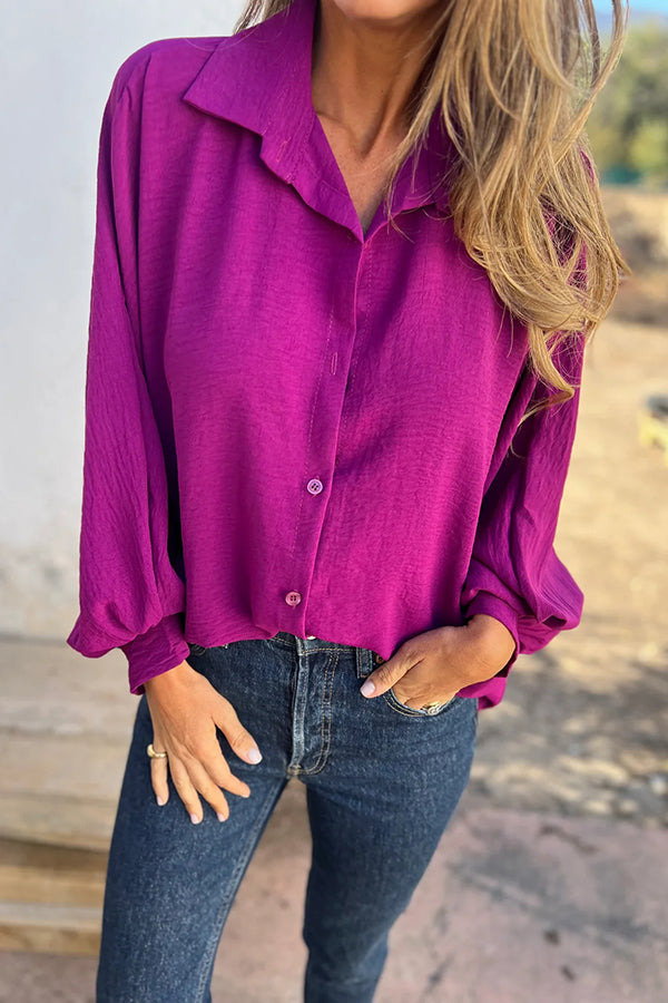 Solid Color Loose Batwing Sleeve Buttoned Casual Shirt