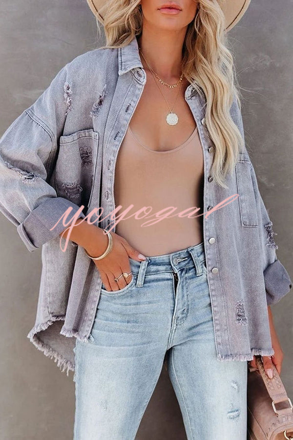 Stylish Lapel Long Sleeve Ripped Denim Jacket