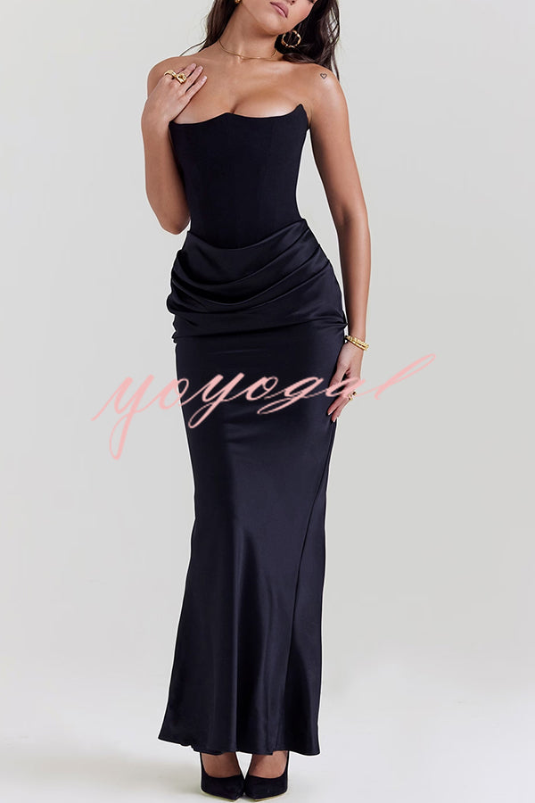 Persephone Crepe and Satin Patchwork Off Shoulder Ruched Maxi Dress