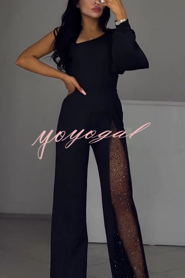 Fashionable Oblique Shoulder One-sleeve Sexy High Slit Slim Jumpsuit