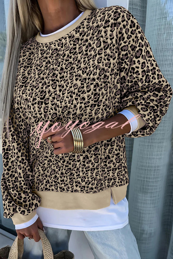 Leopard Print Crew Neck Patchwork Long sleeve Casual Loose Sweatshirt