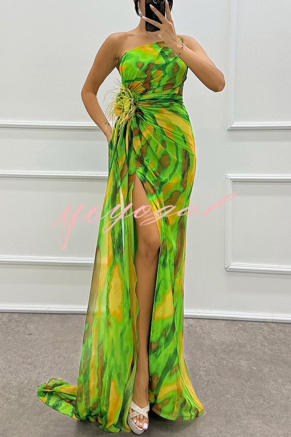 Amazing Views Watercolor Print Feather Rose Detail Off Shoulder Pleated Slit Maxi Dress