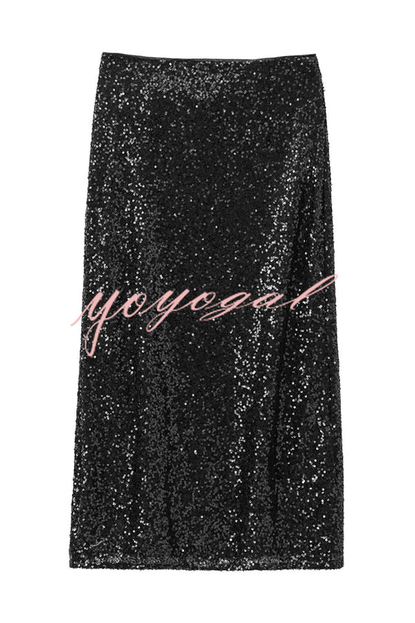 Crushing on You Sequin High Rise Wrap Tie-up Slit Midi Skirt