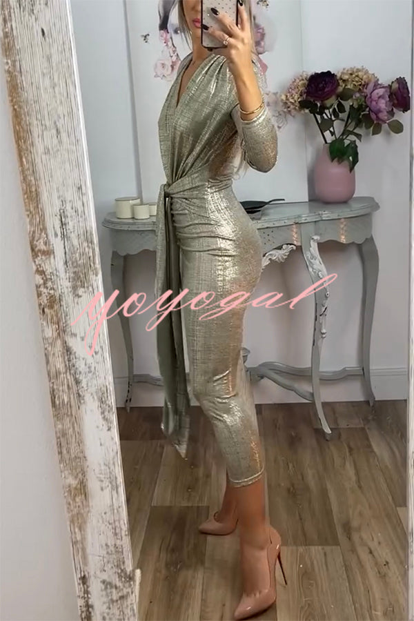 Shiny Lady Metallic Fabric Padded Long Sleeve Tie-up Ruched Midi Dress