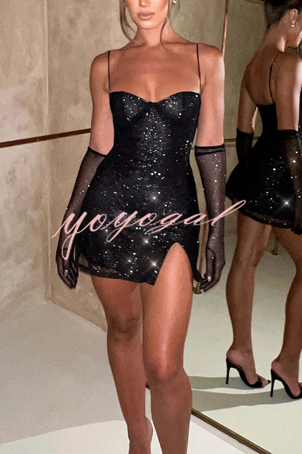 Glow At Night Glitter Fabric Slip Slit Mini Dress with Mesh Gloves