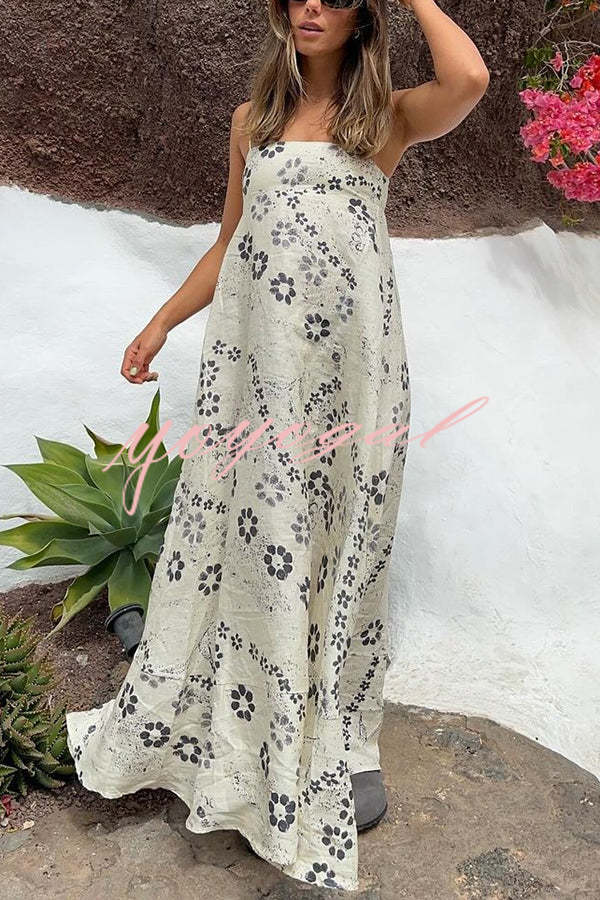 Linen Blend Floral Print Strappy Full-hem Backless Maxi Dress