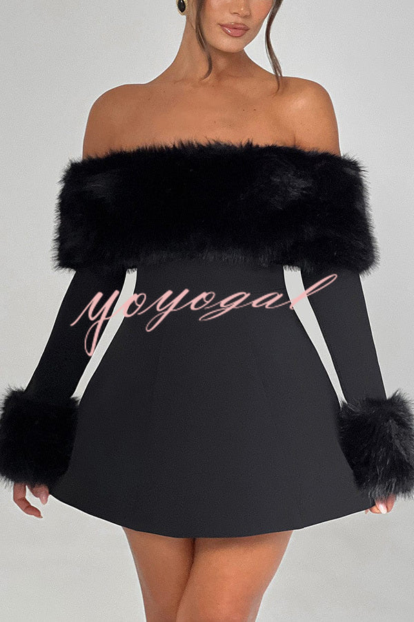 Cute and Luxe Faux Fur Trim Off Shoulder Bubble Shaped Mini Dress