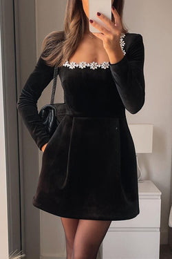 Endless Celebration Velvet Jewel Embellished Trim Long Sleeve Pocketed Mini Dress