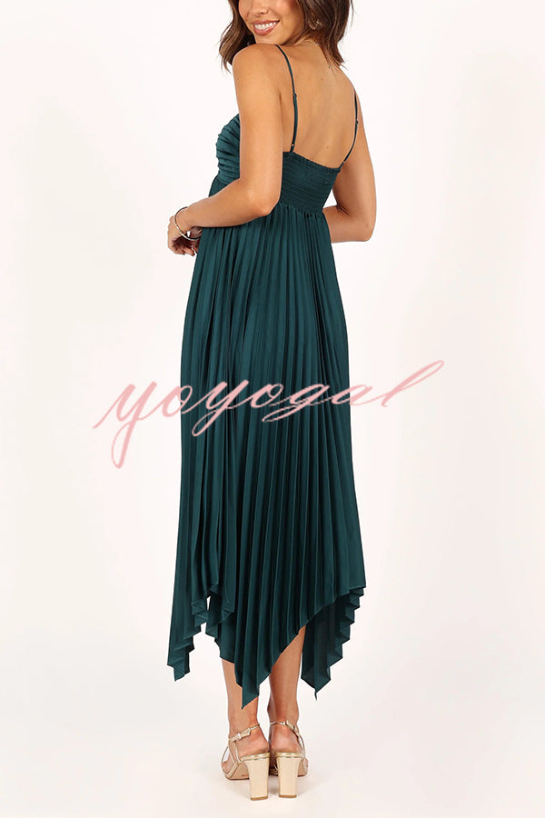 Solid Color Sexy Suspender Pleated Irregular Midi Dress