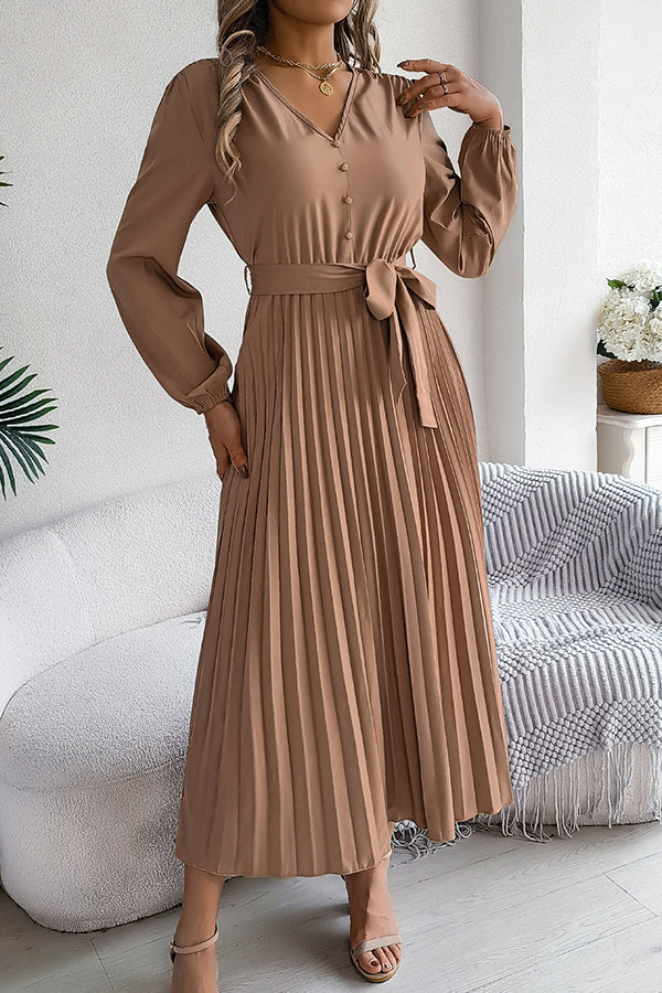 Solid Color Elegant V-neck Buttoned Lace-up Pleated Maxi Dress