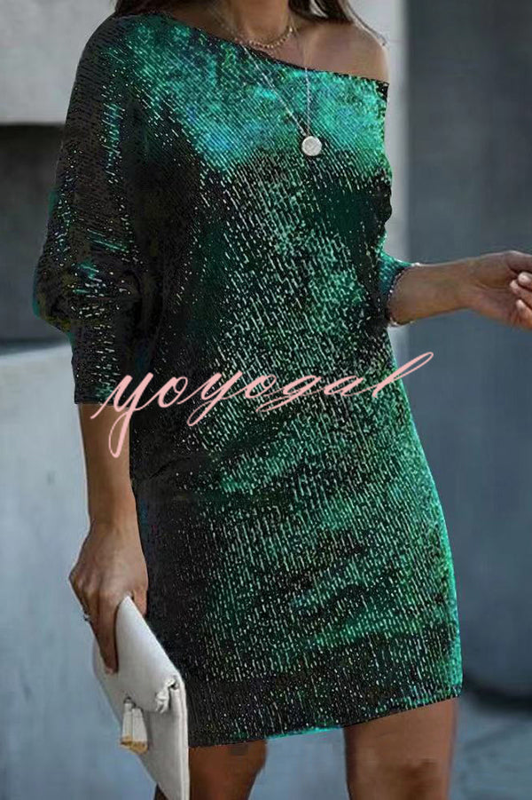 Solid Sequined Off-shoulder Loose Mini Dress