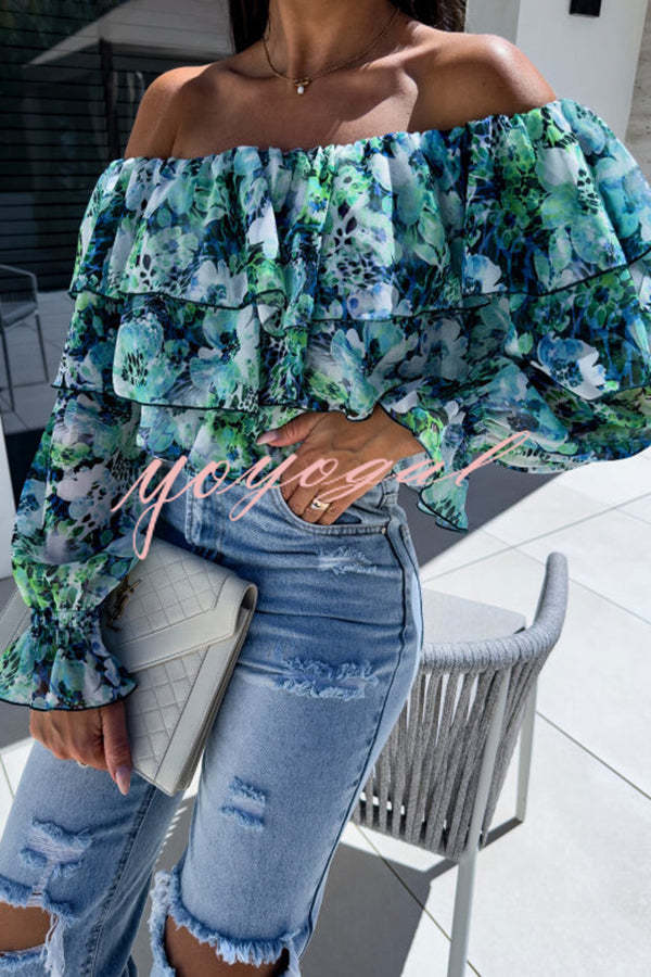 Colorful Botanical Print Sexy Off-shoulder Ruffle Top