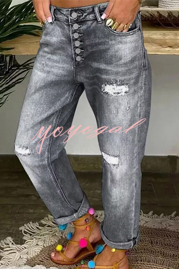 Stylish Ripped Low-rise Button Pocket Baggy Straight-leg Jeans