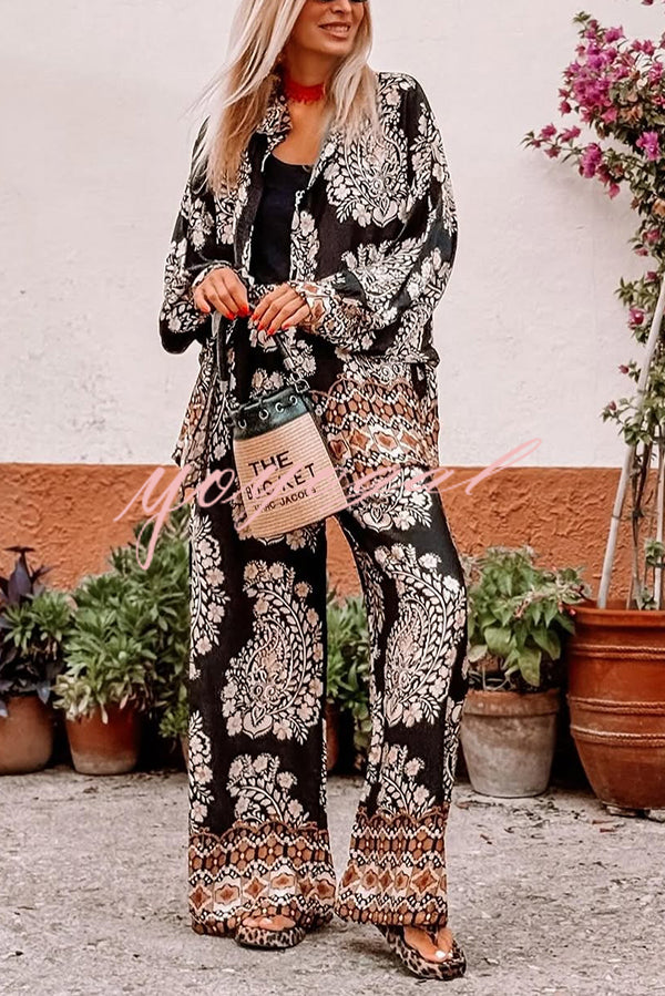 Unique Ethnic Print Loose Long-sleeved Shirt and Elastic Waist Pocket Straight Pants Set