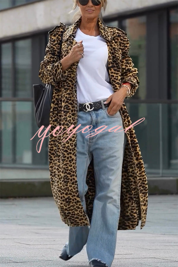 Be Free Velvet Leopard Print Long Sleeve Loose Midi Trench Coat