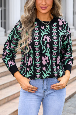 Fashionable Floral Knitted Crew Neck Casual Sweater