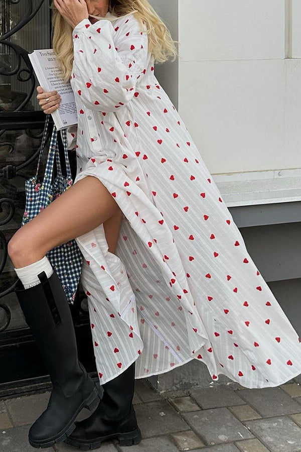 Cute Heart Print Puff Sleeve Loose Shirt Style Maxi Dress