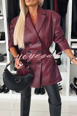 Fashionable Items Faux Leather Button Up Elastic Waistband Lapel Blazer