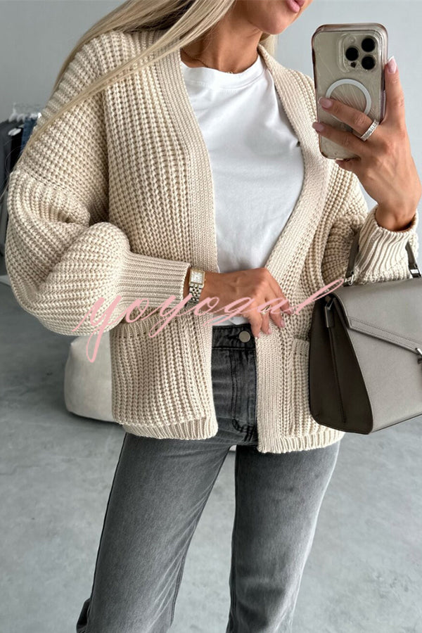 Solid Color V-neck Long-sleeved Casual Knitted Cardigan