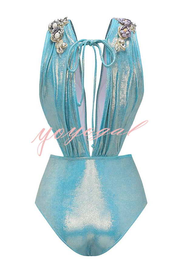 Solid Color Shiny Fabric Deep V Metal Embellished Stretch One-piece Swimsuit