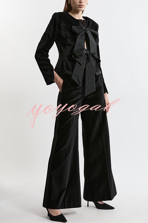 Cue The Cocktails Velvet Grosgrain Detail Pocketed Wide Leg Pants