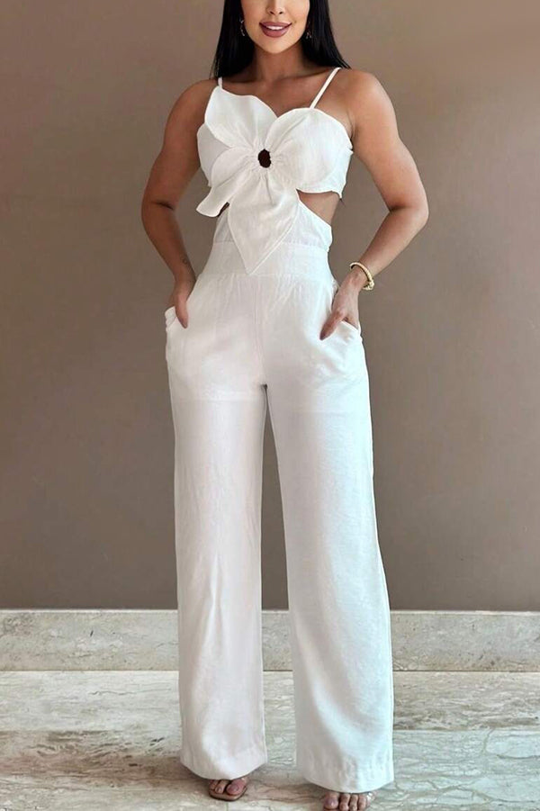 Three-dimensional Flower Accessories Hollow Pocket Jumpsuit