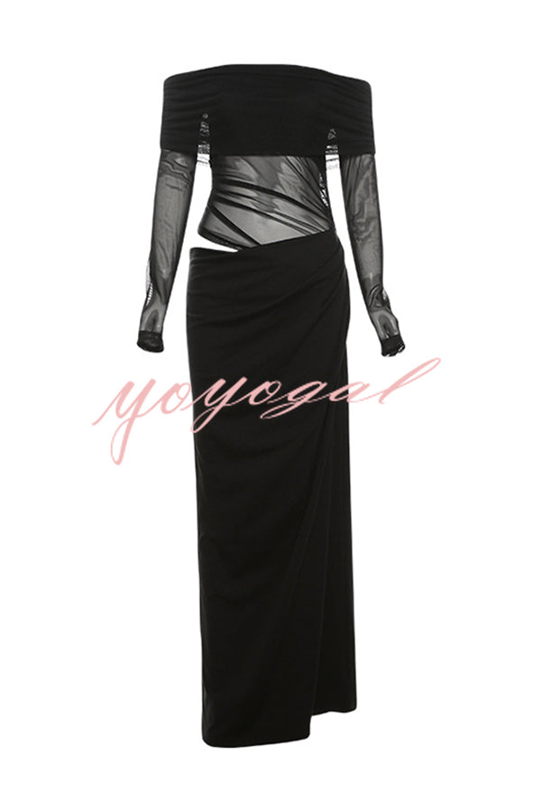 Exquisite Sexy Mesh Patchwork Off Shoulder Cutout Ruched Maxi Dress