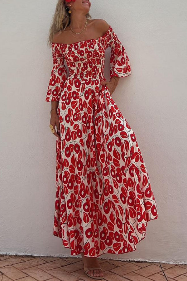 Close To The Vacation Floral Print Smocked Off Shoulder Pocketed Maxi Dress