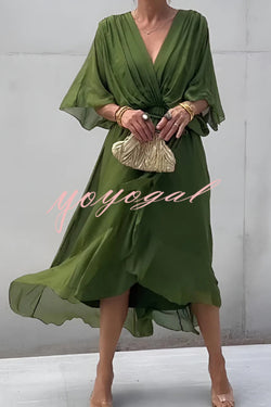 Solid Color V-neck Bat Sleeve Lace-up Irregular Hem Midi Dress