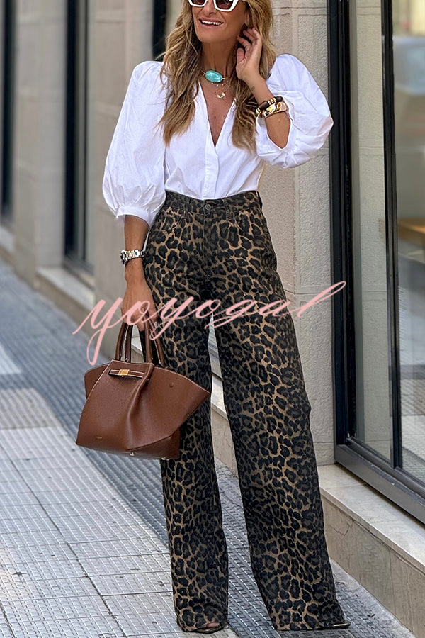 Wild Feel Denim Leopard Print High Rise Wide Leg Pocketed Jeans