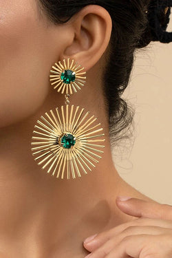 Exaggerated Emerald Rhinestone Line Metal Earrings