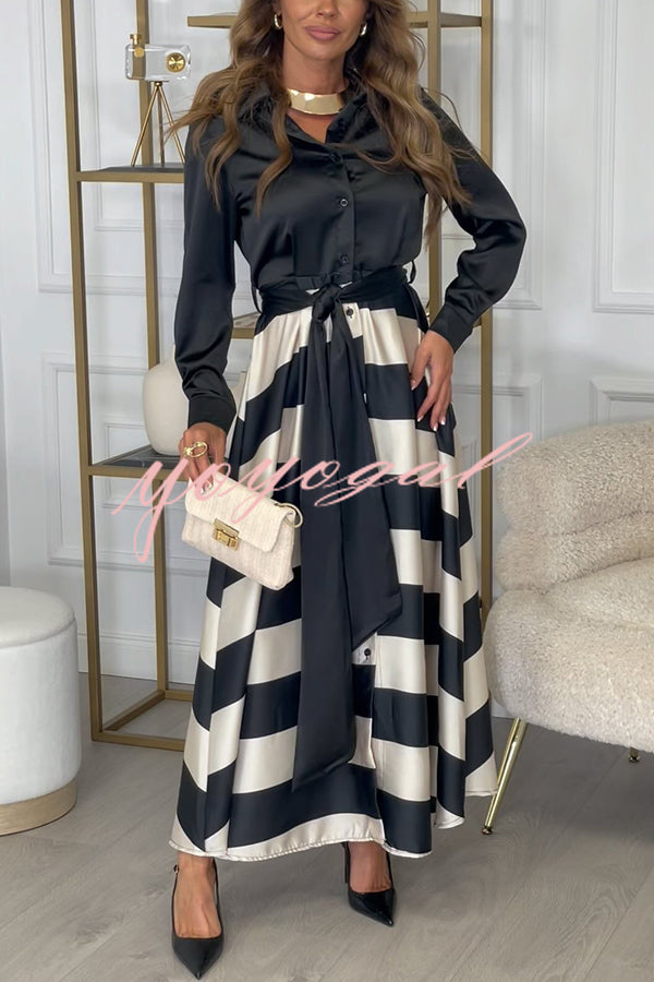 Lindsey Satin Colorblock Contrast Long Sleeve Belted Shirt Maxi Dress