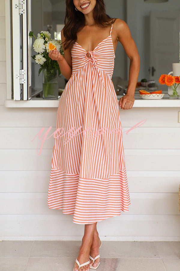 Striped Print Suspenders Gathered Lace-up Loose Midi Dress