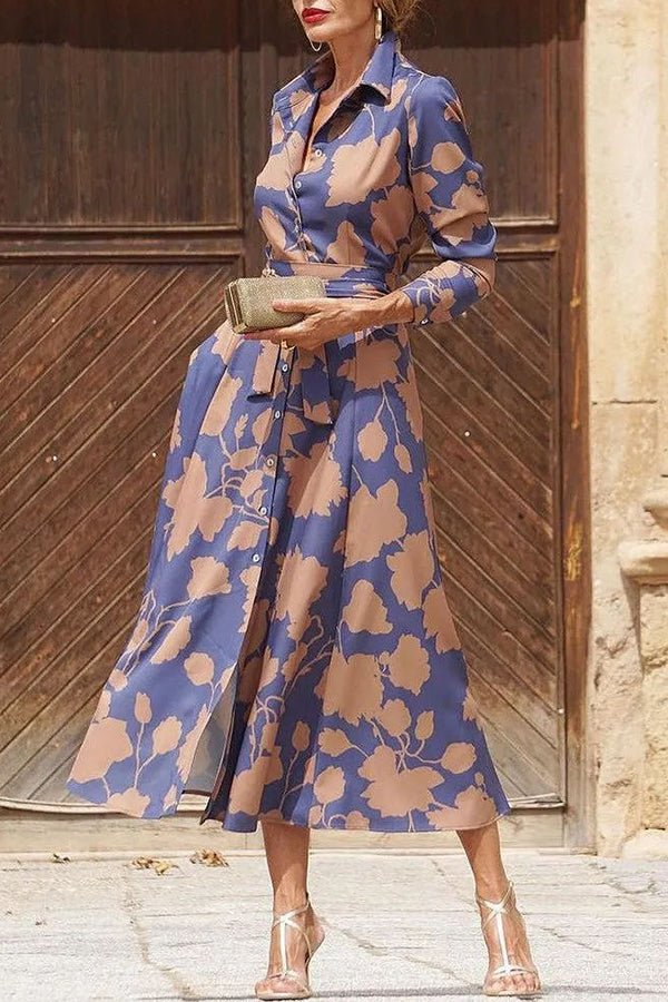 Lapel Floral Print Lace Up Buttoned Pockets Long Sleeve Midi Dress