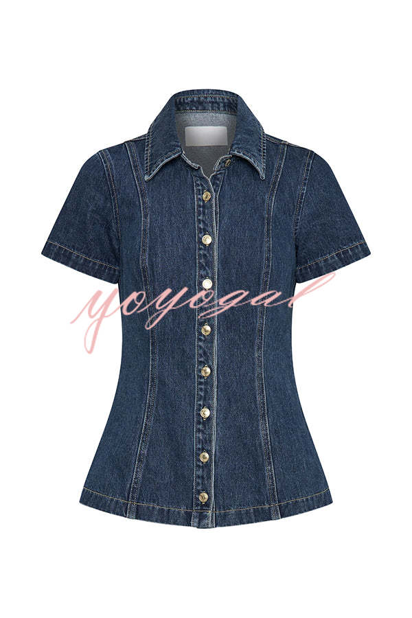 Modern Flavor Denim Short Sleeve Button Up Princess Seams Stretch Top