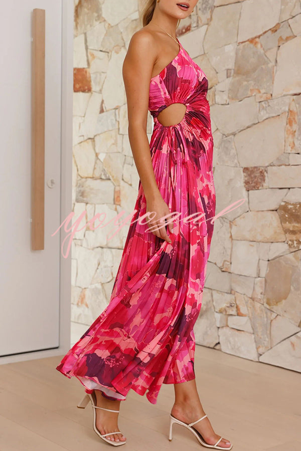 Charming One Shoulder Lace Up Cutout Pleated Maxi Dress