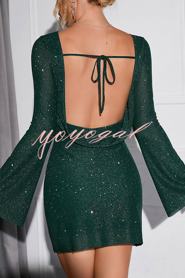 Solid Sequined Open Back Lace Up Mini Dress