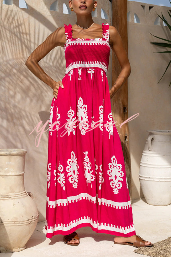 National Boho Style Unique Print Smocked Bust Wide Strap Pocket Maxi Dress