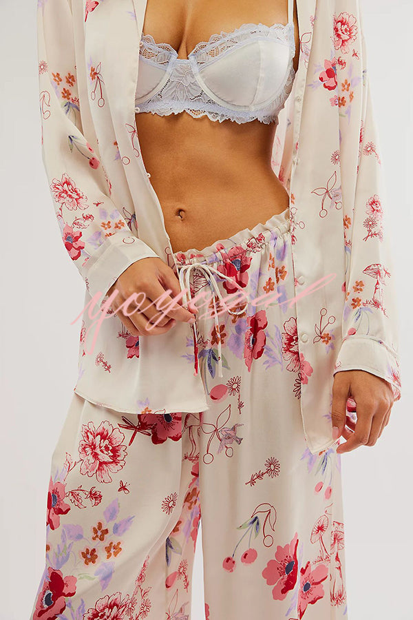 Unique Printed Lounge Long-sleeved Shirt and Elastic Waisted Baggy Pants Set