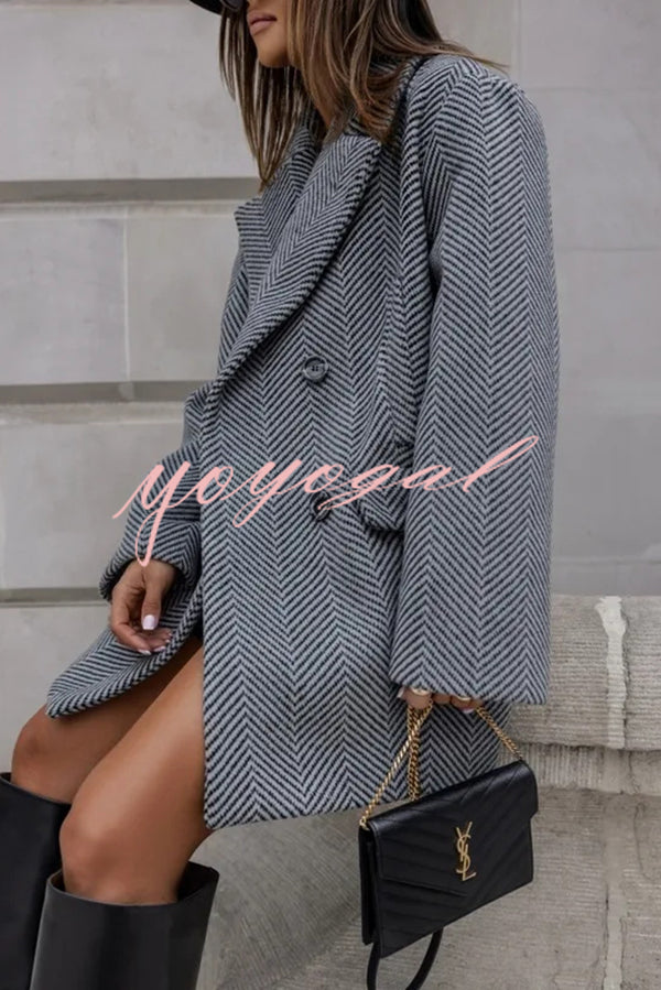 Fashion Stripe Print Lapel Pocket Coat