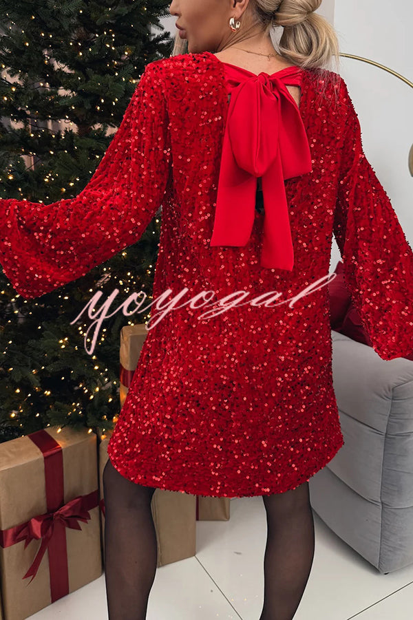 Velvet Sequin Back Bow Bell Sleeves Loose Mini Dress