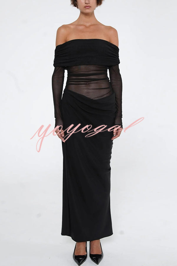 Exquisite Sexy Mesh Patchwork Off Shoulder Cutout Ruched Maxi Dress