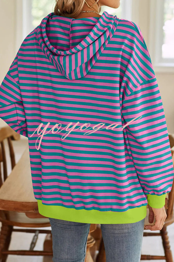 Striped Print Long Sleeve Pocket Loose Hoodie