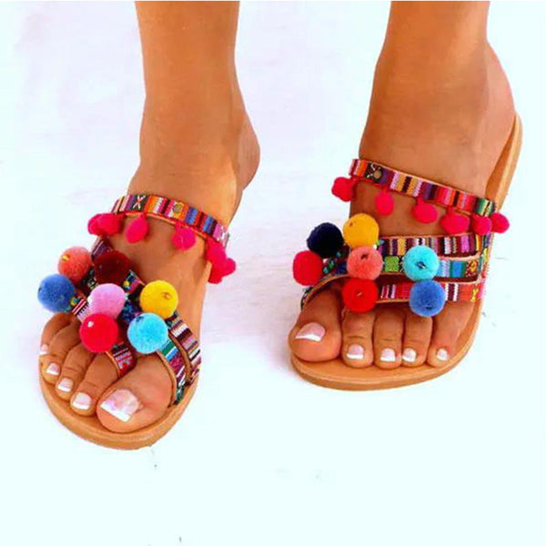 Colorful Fur Ball Ethnic Tribal Wind Beach Dress Slippers