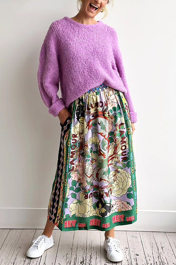 Dragon Season Unique Print Elastic Waist Pocketed Midi Skirt