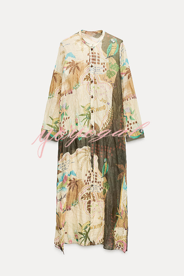 Cayla Linen Blend Unique Print Button Long Sleeve Shirt Midi Dress