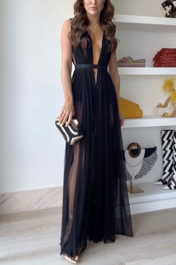 Sexy Muse Semi-sheer Tulle Fabric Fixed Back Tie-up Maxi Dress