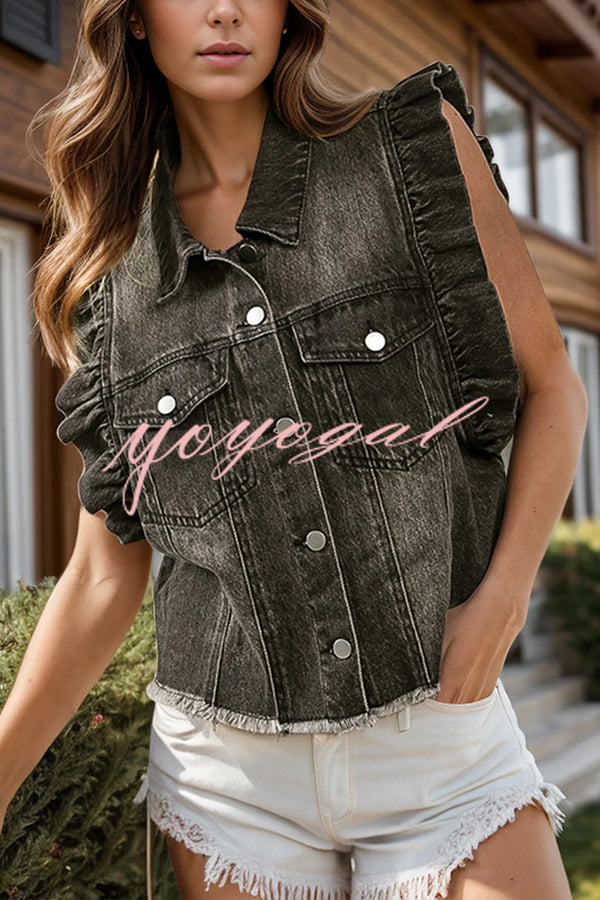 Stylish Lapel Single-breasted Ruffle Sleeve Loose Denim Jacket