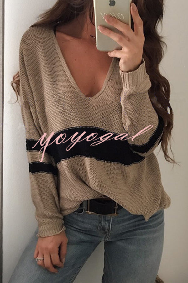 Fashionable Patchwork V-neck Long-sleeved Knitted Sweater